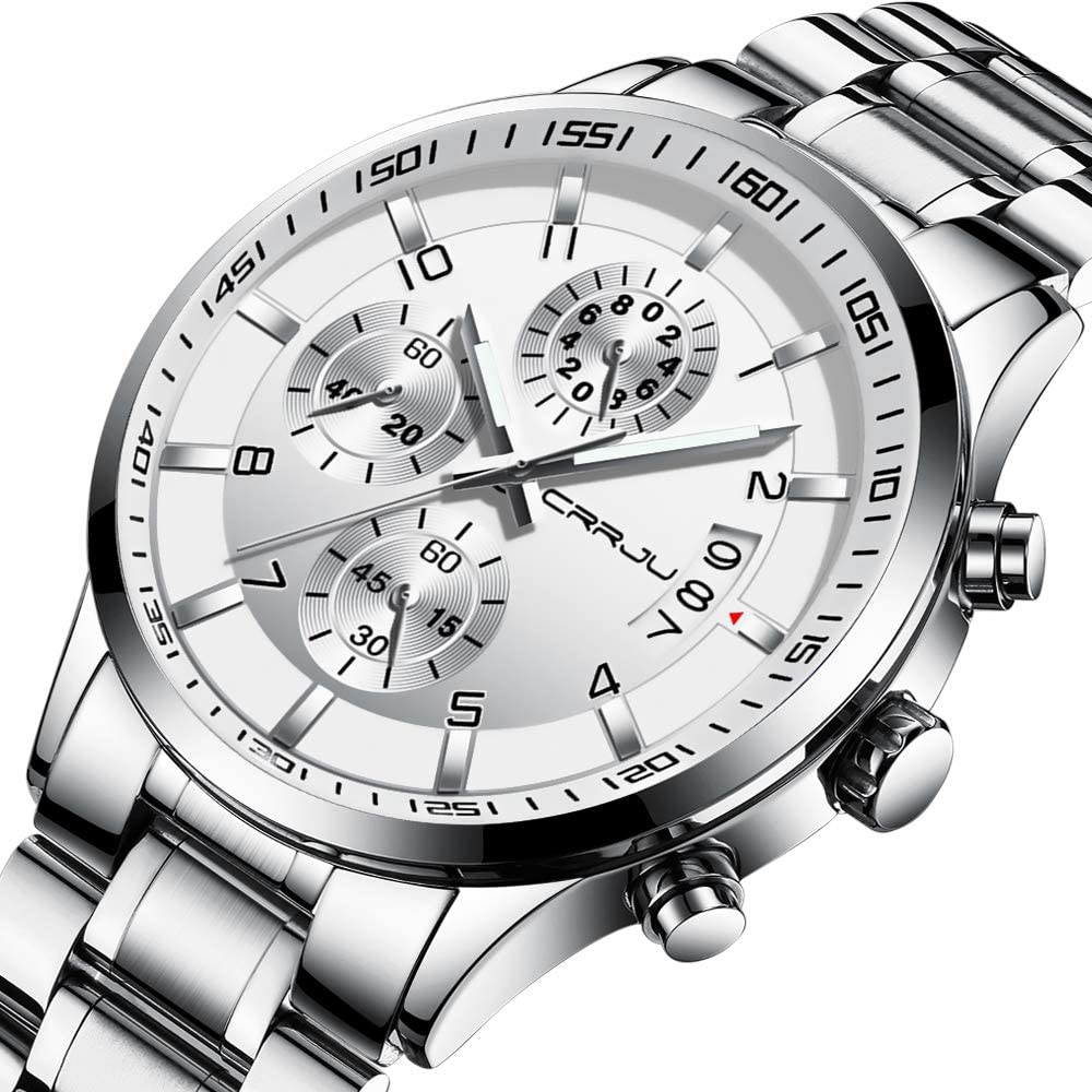 CRRJU Men's Fashion Stainless Steel Watches Date Waterproof Chronograph Wristwatches,Stainsteel Steel Band Waterproof Watch - Image 2